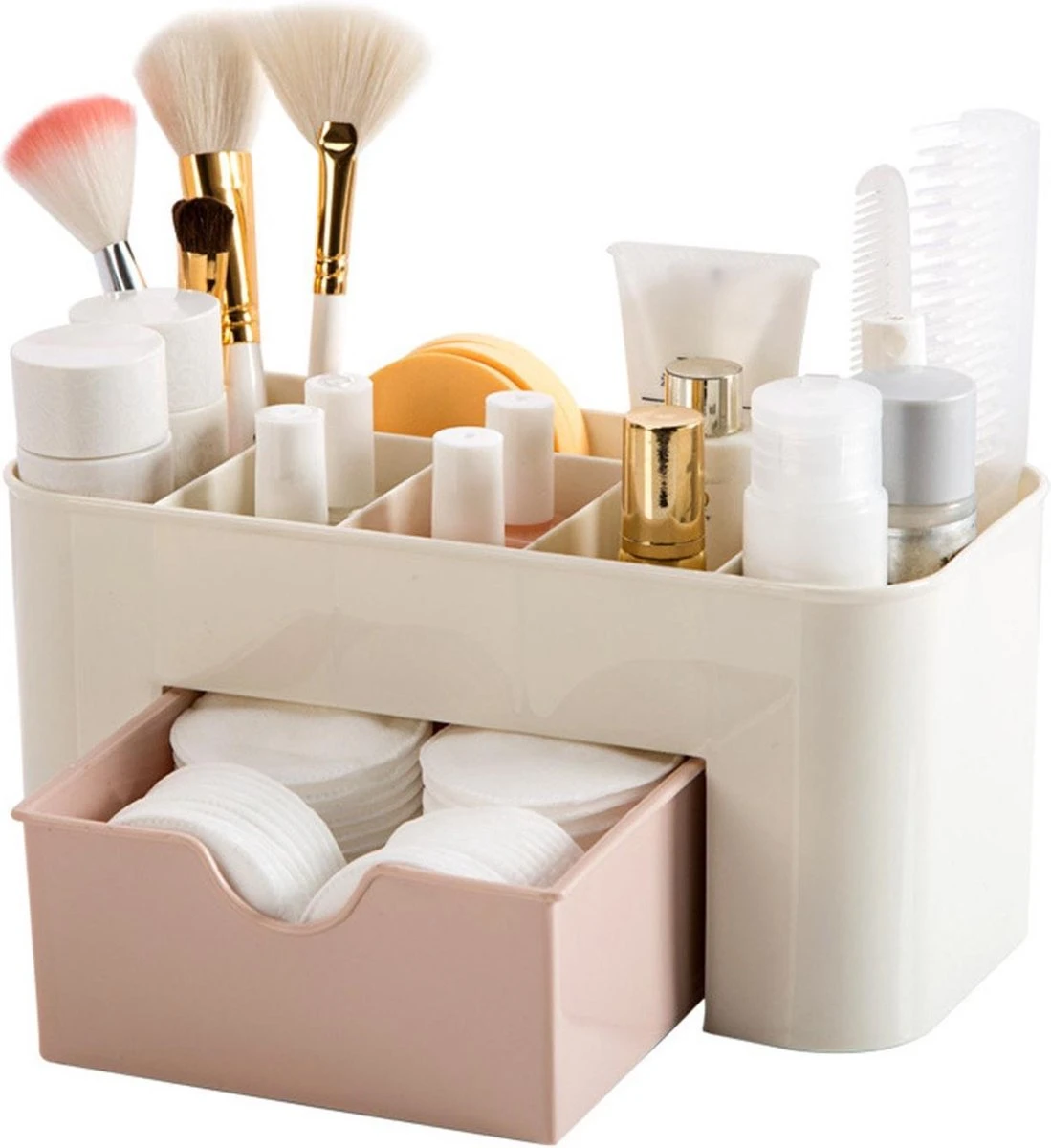 Make-Up Organizer Met Lade – Roze – Geschikt Voor Kwasten, Make-Up Producten & Wattenschijfjes 3 Make-Up Organizer Met Lade – Roze – Geschikt Voor Kwasten, Make-Up Producten & Wattenschijfjes