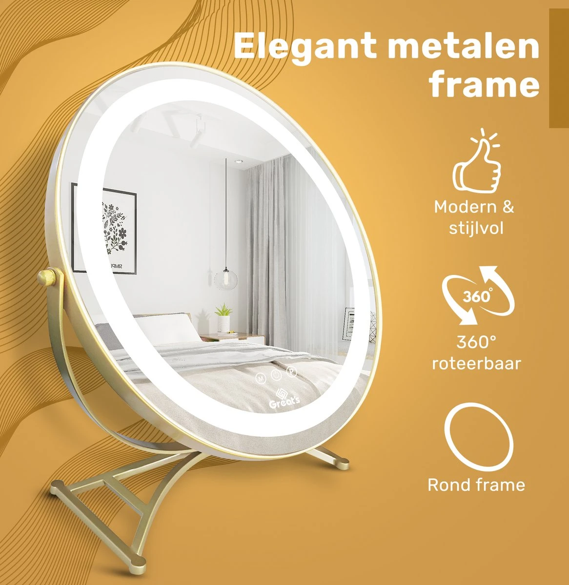 Great's® Make Up Spiegel Met LED Verlichting - ⌀ 40cm - Visagie Spiegel Rond - Extra Close Up Spiegeltje 10x - Goud 4 Great's® Make Up Spiegel Met LED Verlichting - ⌀ 40cm - Visagie Spiegel Rond - Extra Close Up Spiegeltje 10x - Goud - Afbeelding 2