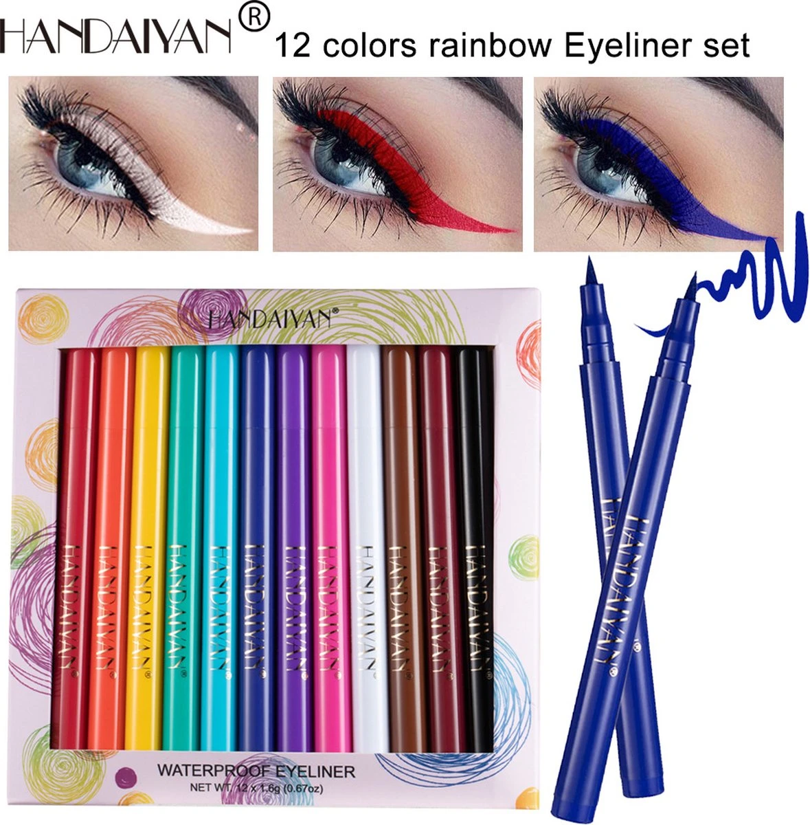HANDAIYAN 12 Kleuren Mat Sneldrogend Niet Gemakkelijk Uit Te Vegen Kleur Eyeliner Set Make-up Show 3 HANDAIYAN 12 Kleuren Mat Sneldrogend Niet Gemakkelijk Uit Te Vegen Kleur Eyeliner Set Make-up Show