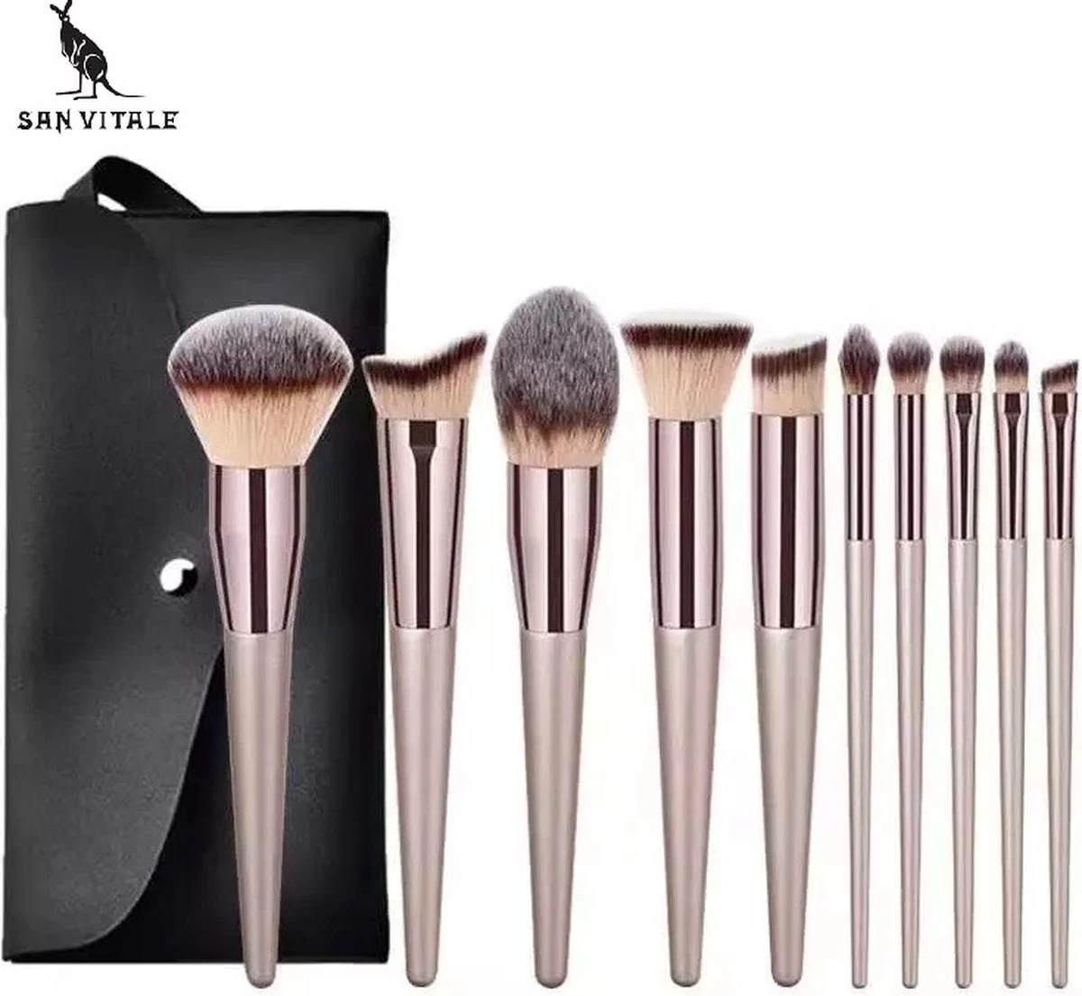 San Vitale® - Luxe Professionele Make Up Kwasten Set - Make Up Brush - Vegan Penselen - Inclusief Pouch - Make Up Pouch Met 10-delig Penselen Set - Champagne/goud 9 San Vitale® - Luxe Professionele Make Up Kwasten Set - Make Up Brush - Vegan Penselen - Inclusief Pouch - Make Up Pouch Met 10-delig Penselen Set - Champagne/goud - Afbeelding 7