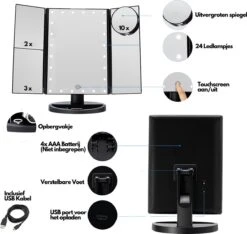 Make-Up Spiegel Met LED Verlichting - Zwart - Vergrootspiegels - Cosmetica/ Visagie Spiegel - 180° Draaibaar - Werkt Op AAA Batterijen én USB - Inclusief USB Kabel -Bekend Cosmetica Winkel 1200x1135 11