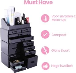 Confibel XXL Acryl Make-up Cosmetica Organizer - Verstelbare Lades - Sieraden/Make-up/Cosmetica Organizer - 11 Compartimenten - Zwart -Bekend Cosmetica Winkel 1200x1147 5