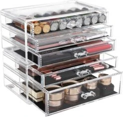 SONGMICS Make-up Organiser, 2-delige Opbergdozen Voor Sieraden En Cosmetica, Stapelbaar, Met 5 Laden, Transparant Polystyreen JMU32TP
