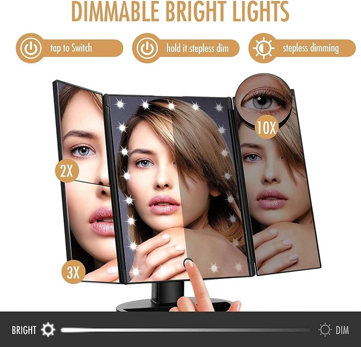 UNIQ Trifold Make Up Spiegel Met LED Verlichting En 2 Vergrootspiegels - Staande Spiegel - 21 LED-lampjes - Op Batterijen En USB (kabel Incl) - Zwart 6 UNIQ Trifold Make Up Spiegel Met LED Verlichting En 2 Vergrootspiegels - Staande Spiegel - 21 LED-lampjes - Op Batterijen En USB (kabel Incl) - Zwart - Afbeelding 4