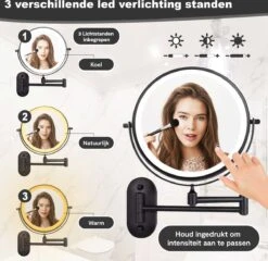 Make Up - Spiegel - Led Verlichting - 10X Vergroting - 3 Lichtstanden - Wandspiegel Rond - Badkamer - Mat Zwart - Draadloos -Bekend Cosmetica Winkel 1200x1165 30