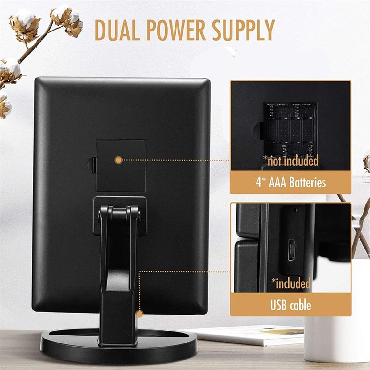 UNIQ Trifold Make Up Spiegel Met LED Verlichting En 2 Vergrootspiegels - Staande Spiegel - 21 LED-lampjes - Op Batterijen En USB (kabel Incl) - Zwart 4 UNIQ Trifold Make Up Spiegel Met LED Verlichting En 2 Vergrootspiegels - Staande Spiegel - 21 LED-lampjes - Op Batterijen En USB (kabel Incl) - Zwart - Afbeelding 2