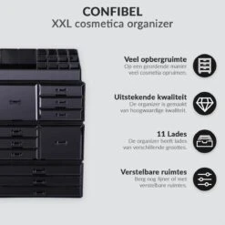 Confibel XXL Acryl Make-up Cosmetica Organizer - Verstelbare Lades - Sieraden/Make-up/Cosmetica Organizer - 11 Compartimenten - Zwart -Bekend Cosmetica Winkel 1200x1200 2389