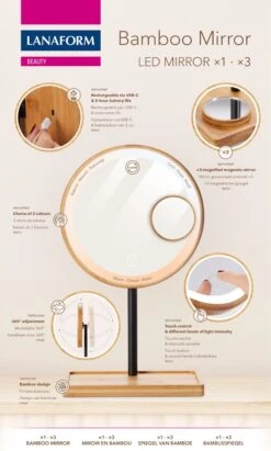 Lanaform - Bamboo Mirror - Oplaadbare Staande Spiegel ×1 · ×3 - Elegant Design Van Bamboe Met Zwarte Poedercoatingafwerking - Ledlampen Met Lange Levensduur -Bekend Cosmetica Winkel 722x1200 3