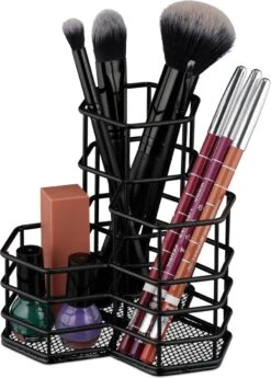 Relaxdays Make-up Kwastenhouder 3 Vakken - Pennenbakje Metaal - Pennenhouder - Cosmetica - Zwart