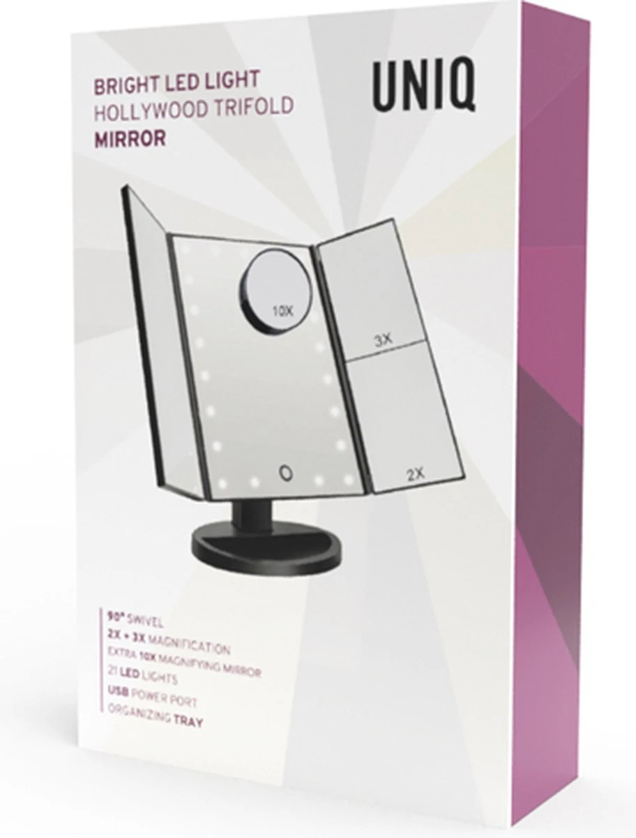 UNIQ Trifold Make Up Spiegel Met LED Verlichting En 2 Vergrootspiegels - Staande Spiegel - 21 LED-lampjes - Op Batterijen En USB (kabel Incl) - Zwart 9 UNIQ Trifold Make Up Spiegel Met LED Verlichting En 2 Vergrootspiegels - Staande Spiegel - 21 LED-lampjes - Op Batterijen En USB (kabel Incl) - Zwart - Afbeelding 7